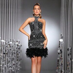 Women’s Feather Embellished Halter Mini Dress